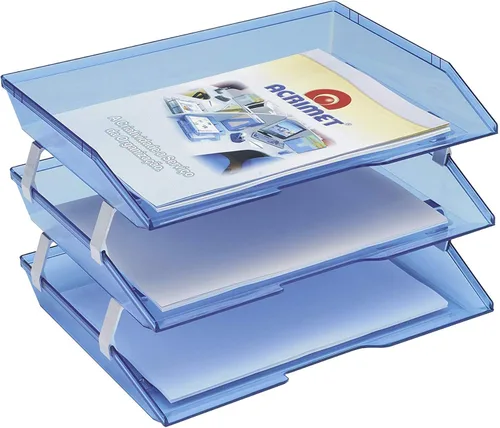 Vista 2 de Acrimet Facility - Organizador de archivos de escritorio de plástico de carga lateral de 3 niveles (color azul transparente)