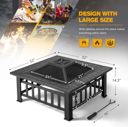 Vista 5 de Devoko Hoguera para exteriores, mesa de fogata de 32 pulgadas, chimeneas de metal para exteriores con cubierta impermeable para patio exterior