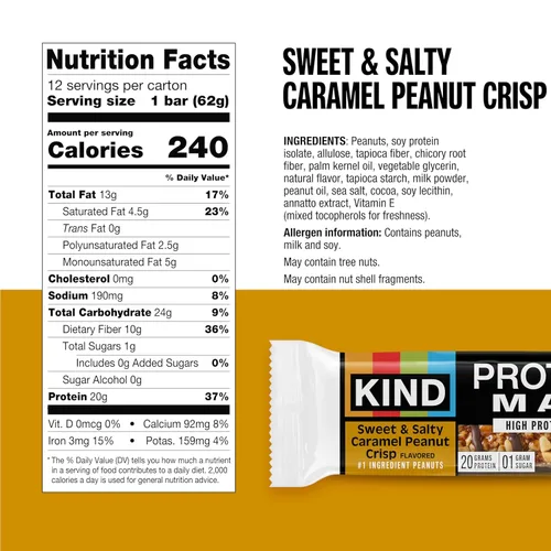 Vista 2 de KIND Protein MAX - Barras crujientes de maní salado y caramelo dulce, amigables con la dieta Keto, 20 g de proteína, 12