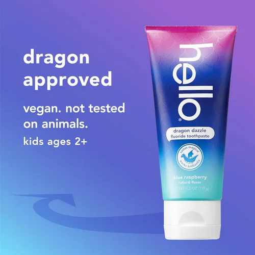 Vista 5 de Hello Dragon Dazzle Blue Raspberry Kids Pasta de dientes con flúor, a partir de 2 años, sin edulcorantes artificiales, sin SLS, sin gluten, vegano