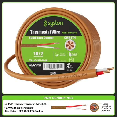 Vista 2 de Syston 18/2 Cable de control de termostato y timbre HVAC para calefacción, conductores 100% de cobre sólido CL3R/FT4/CMR nominal UL/ETL, resistente