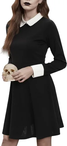 YAOHUOLE Disfraz de Halloween para mujer, disfraz de bruja para mujer, disfraz de Pugsley, vestido de fiesta de Halloween Long Sleeve Mini Dress
