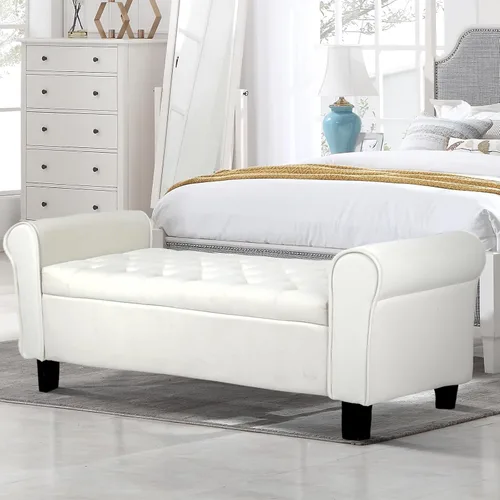 Vista 77 de Babion Banco otomano de almacenamiento con brazos, banco de extremo de cama para dormitorio, banco de almacenamiento con botones para entrada, sala