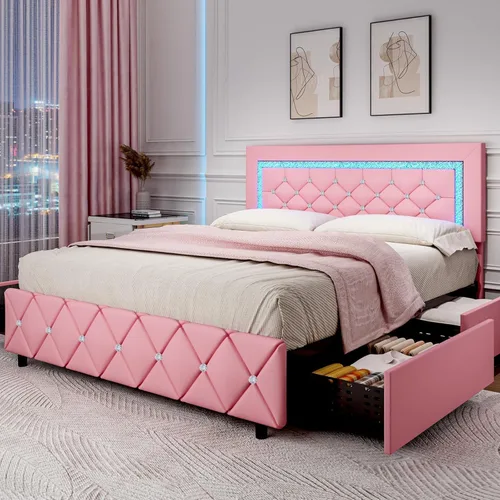 Vista 11 de BarnFurin Marcos de Cama Individual con Luces LED y Cajones de Almacenamiento, Marco de Cama Tapizado con Cabecera de Diamante, Cama de Plataforma