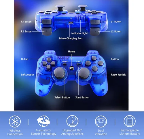 Vista 2 de Rzzhgzq 2 Pack PS3 Wireless Controller P3 Controller Wireless Bluetooth Gamepad with USB Charger Cable for PS3 Console (Clear Blue+Clear Red)