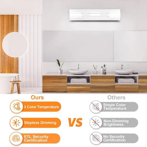 Vista 4 de 3 lámparas de baño regulables de temperatura de color para sobre espejo, lámparas de tocador LED cromadas de 3 luces, lámparas de tocador de baño