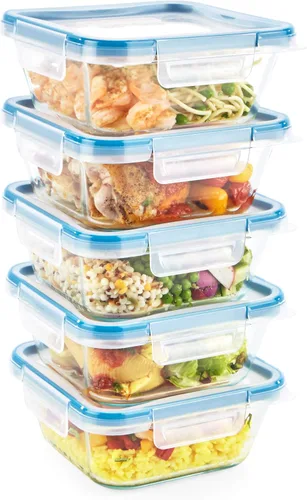 Snapware Total Solutions - Juego de recipientes de vidrio para almacenamiento de alimentos (paquete de 5, 4 tazas), tapas herméticas y a prueba de