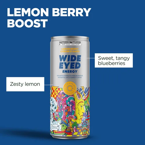 Vista 2 de Collective Arts - Bebidas energéticas de ojos anchos, bebida espumosa vitaminizada con cafeína con sabor natural con extractos de frutas, Lemon