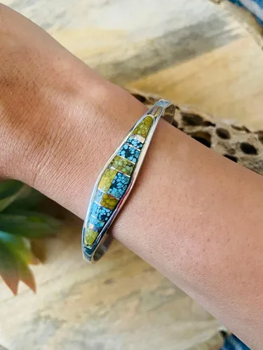 Vista 6 de Navajo - Pulsera de plata de ley y luna azul natural con incrustaciones de turquesa, Metal, turquesa