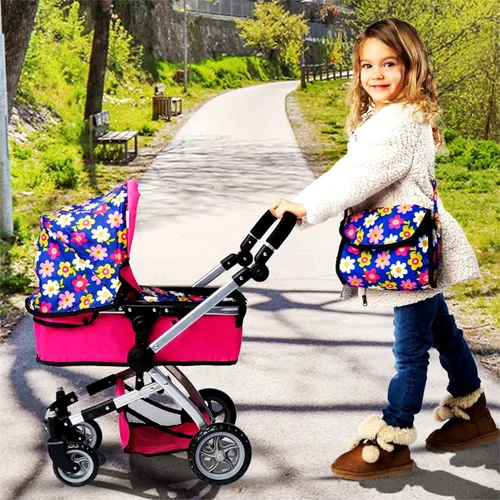 Vista 5 de Fash N Kolor Cochecito plegable para muñeca de bebé con diseño de flores con rueda giratoria con asa ajustable para moisés con muñeca, asiento