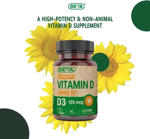 Vista 6 de DEVA Vitamina D3 5000 UI, suplemento de sol, 125 mcg de D3 vegano, botella de 90