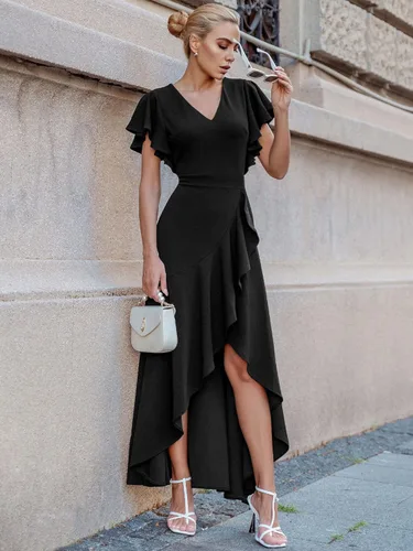 Vista 3 de Miusol Vestido largo formal, de fiesta, de noche, con cuello en V, apertura y volantes para mujer