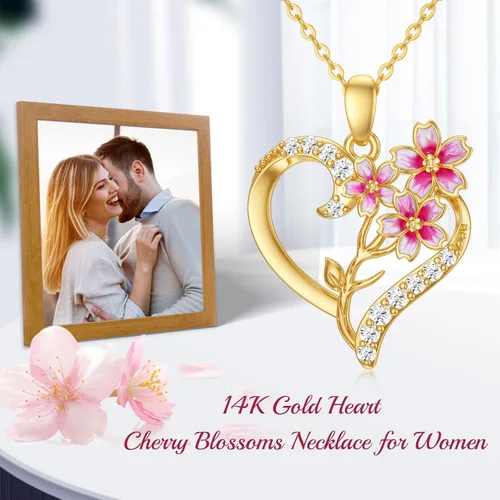 Vista 5 de Collar de oro real de 14 quilates para mujer, collar de flor de nacimiento de moissanita creada en oro amarillo con colgante de corazón