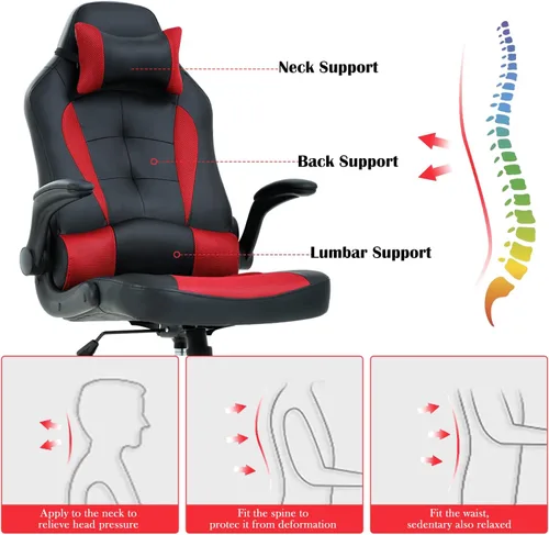 Vista 12 de Silla de videojuegos, silla de computadora de piel sintética ajustable con reposacabezas soporte lumbar, brazos y ruedas abatibles, silla de oficina