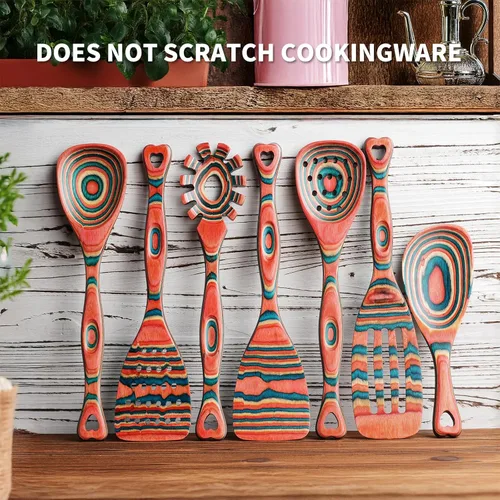 Vista 4 de Gudamaye Pakkawood - Juego de utensilios de cocina de madera de 7 piezas, cucharas de madera para cocinar, juego de utensilios de madera, cucharas