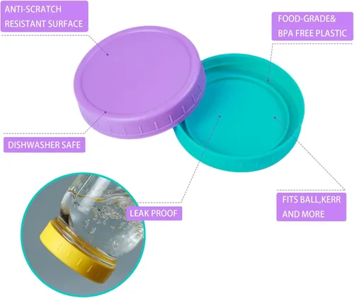 Vista 2 de Bedgeta Paquete de 18 unidades de tapas para tarros Mason con anillos de silicona, 9 de boca ancha y 9 de boca regular, tapas gruesas a prueba