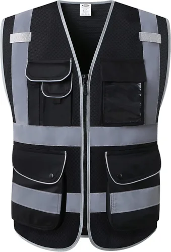 Vista 6 de JKSafety Chaleco de seguridad frontal con 9 bolsillos de alta visibilidad de doble color con cierre de cremallera MESH Lite Tira reflectante