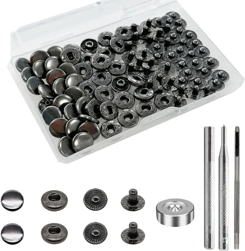 Vista 36 de BetterJonny Juego de 24 cierres de cuero resistente, botones a presión de metal de 0.59 pulgadas, remaches de cuero, con 4 herramientas de ajuste