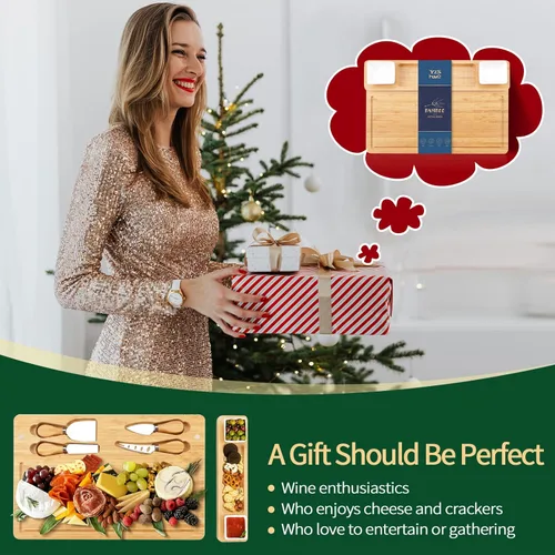 Vista 6 de Juego de tablas de embutidos y cuchillos - Tabla de queso de bambú - Bandeja de queso, carne y vino - Regalos únicos para inauguración de casa