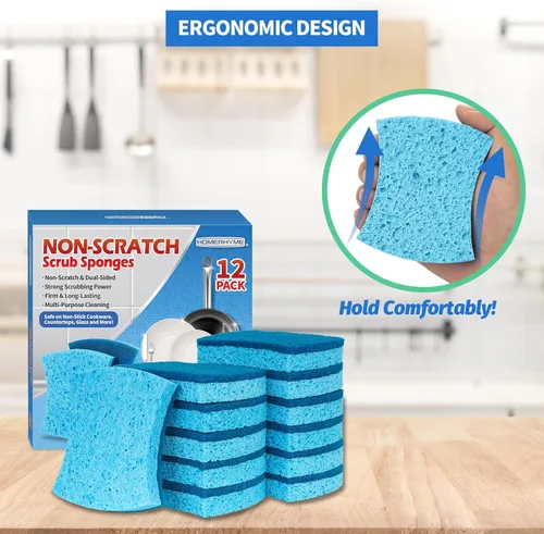 Vista 7 de Esponjas de limpieza de celulosa sin rayones, paquete de 12, esponjas de cocina con diseño de doble cara y ergonómico para platos, utensilios