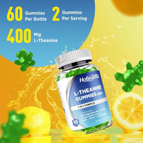 Vista 8 de Gominolas de L-teanina de HOLLEGEND, l-teanina 400mg con ashwagandha, GABA, 5HTP, suplemento masticable de L-teanina para relajación, apoyo