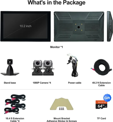 Vista 6 de Cámara de respaldo de 4 canales de 1080p con pantalla de 10.2 pulgadas, cámara de respaldo de grabación DVR