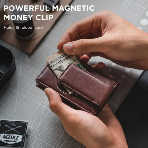 Vista 2 de VULKIT Cartera con clip para dinero tarjetero emergente protección RFID cartera de cuero para hombre 2 en 1 tarjetero para 7 tarjetas y 15 billetes