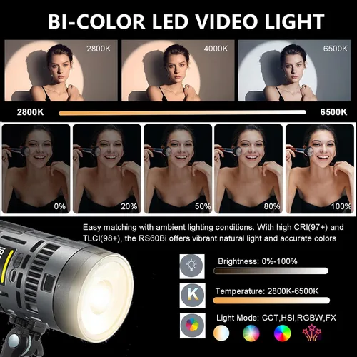 Vista 2 de Godox Kit de 2 luces LED RS60Bi de 60 W, iluminación continua LED bicolor de 60 W para fotografía de estudio al aire libre, grabación de video luces