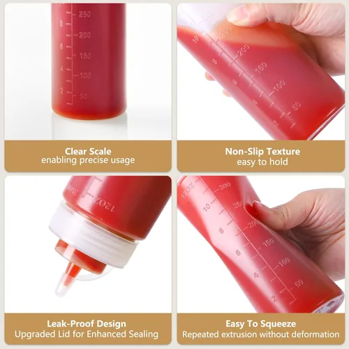 Vista 4 de Paquete de 8 botellas de condimento de plástico de 12 onzas con tapas de tapa, perfectas para condimentos, aceite, glaseado, líquidos, juego de 8