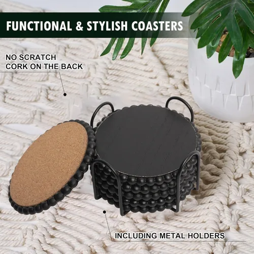 Vista 2 de GENMOUS Juego de Posavasos de 6 para Bebidas con Soporte de Metal, Posavasos de Madera de Estilo Granja con Cuentas, Posavasos Cuadrados Absorbentes