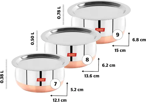 Vista 5 de Sumeet Forma de vientre inferior de cobre de acero inoxidable 2 piezas Tope/Cookware/Pot Set con tapa 1.4Ltr, 1.75Ltr (Plata)