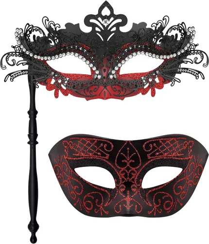 SIQUK Máscaras de máscaras para parejas con palo, máscara veneciana de metal en un palo, máscara de disfraz de Halloween, máscara de Mardi Gras,
