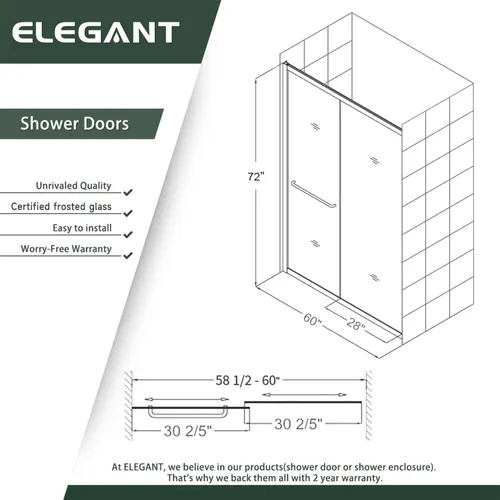 Vista 6 de ELEGANT Bypass - Puertas corredizas de ducha de 60 pulgadas de ancho x 72 pulgadas de alto, puerta de vidrio de ducha semirmarco, con vidrio