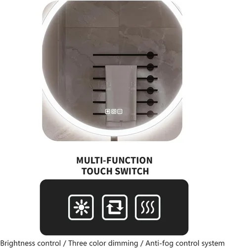 Vista 5 de Espejo LED redondo de 20 pulgadas, espejo samrt para baño, espejo de pared con luz, antiempañamiento, 3 colores regulables, frontal