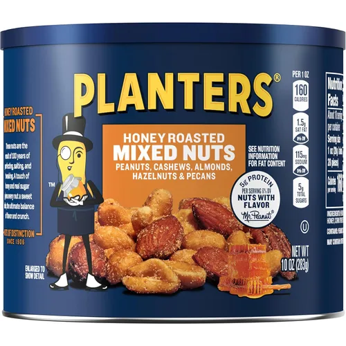 PLANTERS Mezcla de nueces tostadas con miel, aperitivos para fiesta, proteína a base de plantas, recipiente de 10 onzas (paquete de 6)