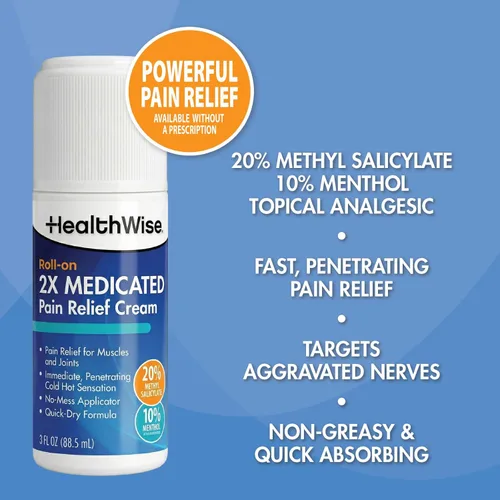 Vista 6 de HealthWise 2X Medicated Roll-On 10% mentol + 20% salicilato de metilo Crema para aliviar el dolor 3 oz. 3.0 fl oz Fórmula de secado rápido