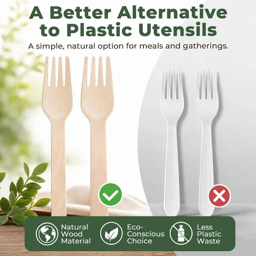 Vista 3 de LotFancy Tenedores desechables, 100 tenedores de madera, 6.2 pulgadas, biodegradables compostables, ideales para camping, picnic, cenas, suministros