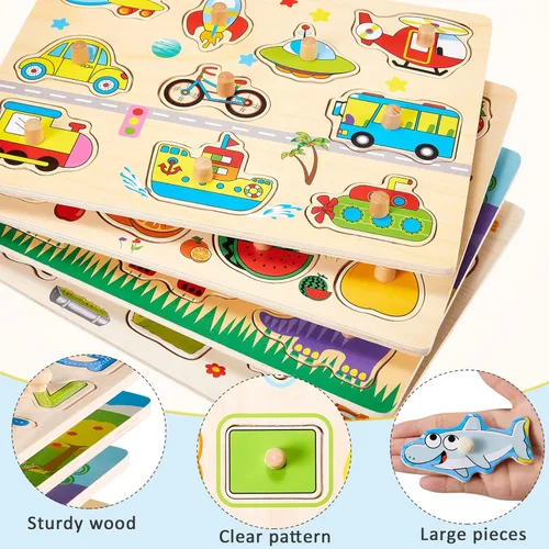 Vista 4 de Paquete de 9 rompecabezas de madera para niños pequeños con estante de almacenamiento de rompecabezas, rompecabezas de madera del alfabeto
