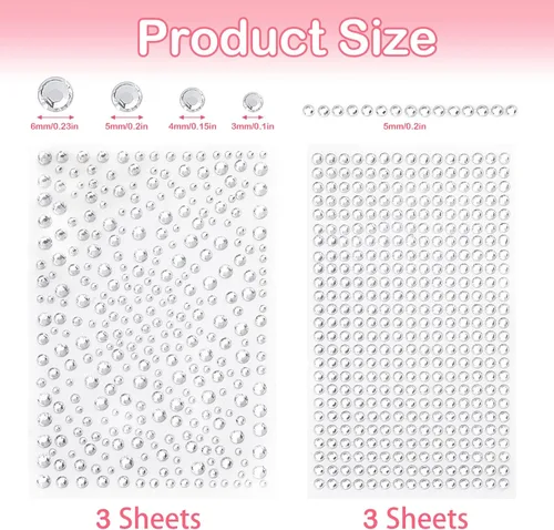 Vista 2 de Calcomanías de diamantes de imitación transparentes, 2100 piezas de diamantes de imitación autoadhesivos para cara, calcomanías de joyas brillantes