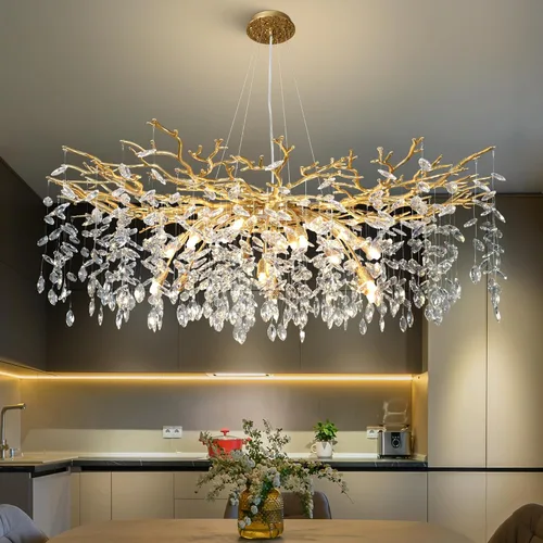 Vista 30 de YUYI 23.6" Candelabro moderno de oro con ramas de árbol de cristal, iluminación redonda de gota de lluvia de 8 luces para comedor, sala de estar
