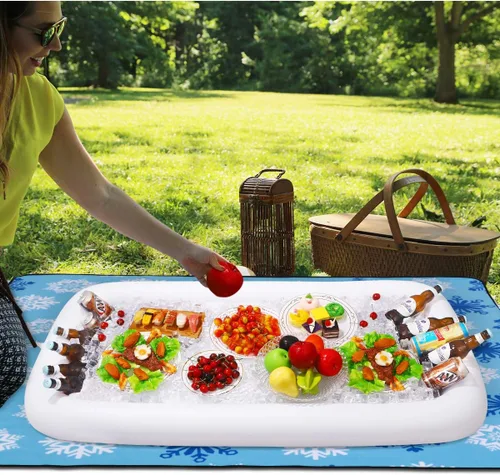Vista 5 de 2 barras inflables para servir con tapón de drenaje, bandeja de bufé de ensalada de bebidas con cubierta de malla para alimentos en interiores