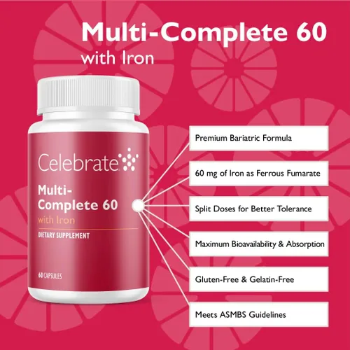 Vista 2 de Celebrate Vitamins Multi-Complete, 60mg Hierro – Multivitamínico bariátrico diario para pacientes con gastrectomía de manga y cirugía de bypass