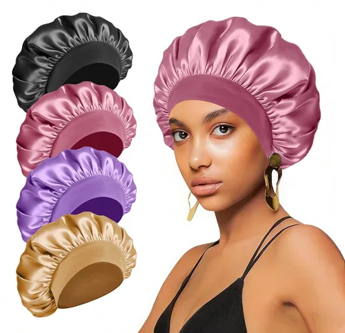 Vista 11 de 4 piezas de gorro de satén de seda para dormir, gorro de satén para envolver el cabello, gorro de ducha para mujeres y hombres negros, gorro