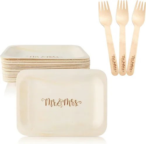 Platos y tenedores de madera desechables Mr. and Mrs