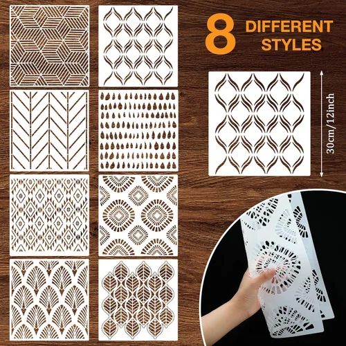 Vista 2 de 8 piezas de modernas plantillas de pared con diseños geométricos y de espiga de pescado de 12 x 12 pulgadas, decoración de pared, película