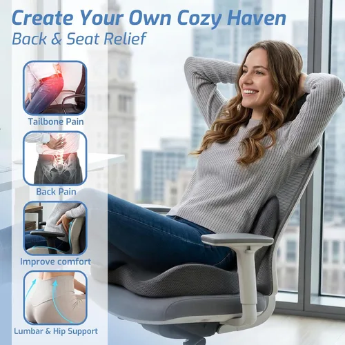 Vista 2 de Cojín de asiento de espuma viscoelástica con almohada de apoyo lumbar, cojín para silla de oficina, cojín ergonómico para asiento de automóvil