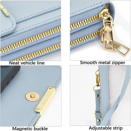 Vista 5 de Bolsa de cuero antirrobo, pequeña cartera cruzada para teléfono celular para mujer, bolsa cruzada con bloqueo RFID y correa para el hombro