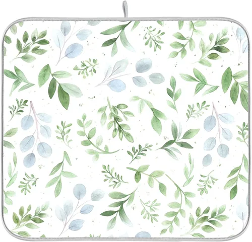 Vista 16 de Tapete de secado de platos con hojas verdes para encimera de cocina, planta de hierba, tapetes de secado blancos, super absorbentes, reversibles
