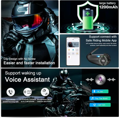 Vista 6 de Mesh 3.0 - Auriculares Bluetooth para motocicleta, 6 Riders Group V5.1, casco Bluetooth con intercambio de música y cancelación de ruido CVC