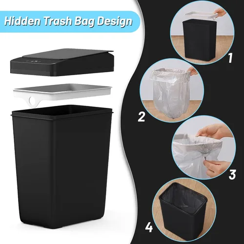 Vista 4 de Procade Paquete de 2 cubos de basura para baño sin contacto con tapa, 4 galones y 2.5 galones, cubo de basura automático delgado de plástico